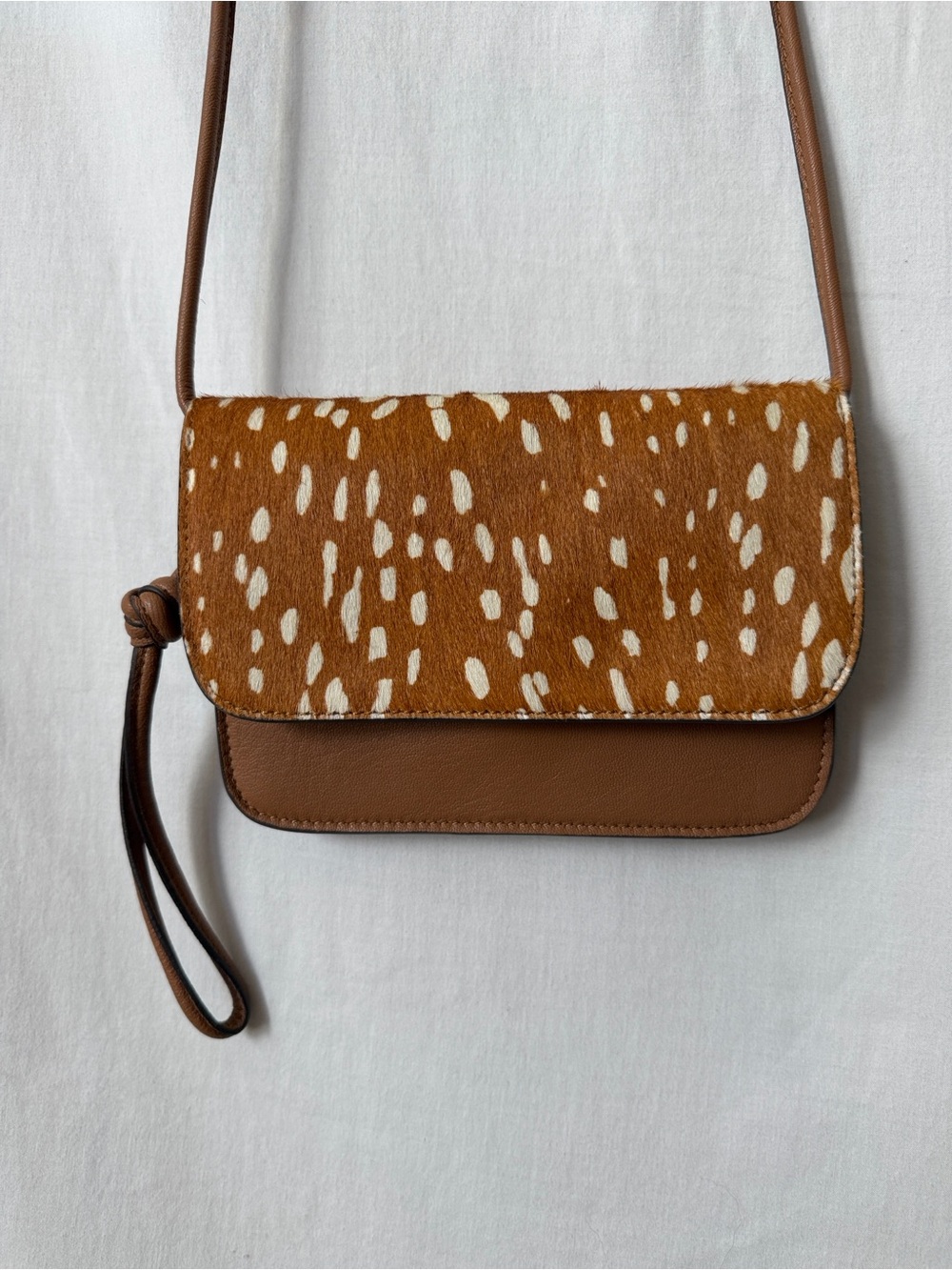 Lucky Brand Genuine Leather Haircalf Crossbody Wristlet Brown Cream
